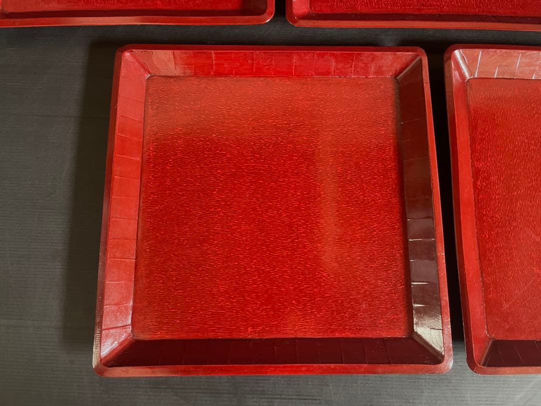 【美品】「母」 讃岐彫 四方膳 5客 朱漆 讃岐膳 一枚板くり抜き （Ｂ）