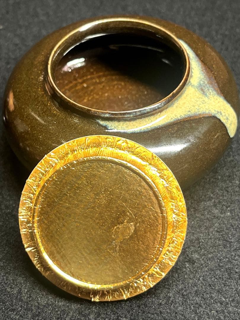 茶道具（樋渡陶六）大海茶入　織部金襴 共箱　未使用　肩衝き茶入れ・仕覆