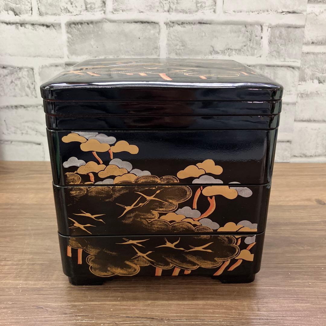 D-5 山中漆器 三段重箱 漆器 松鶴 蒔絵 昭和レトロ お正月 縁起物 お重