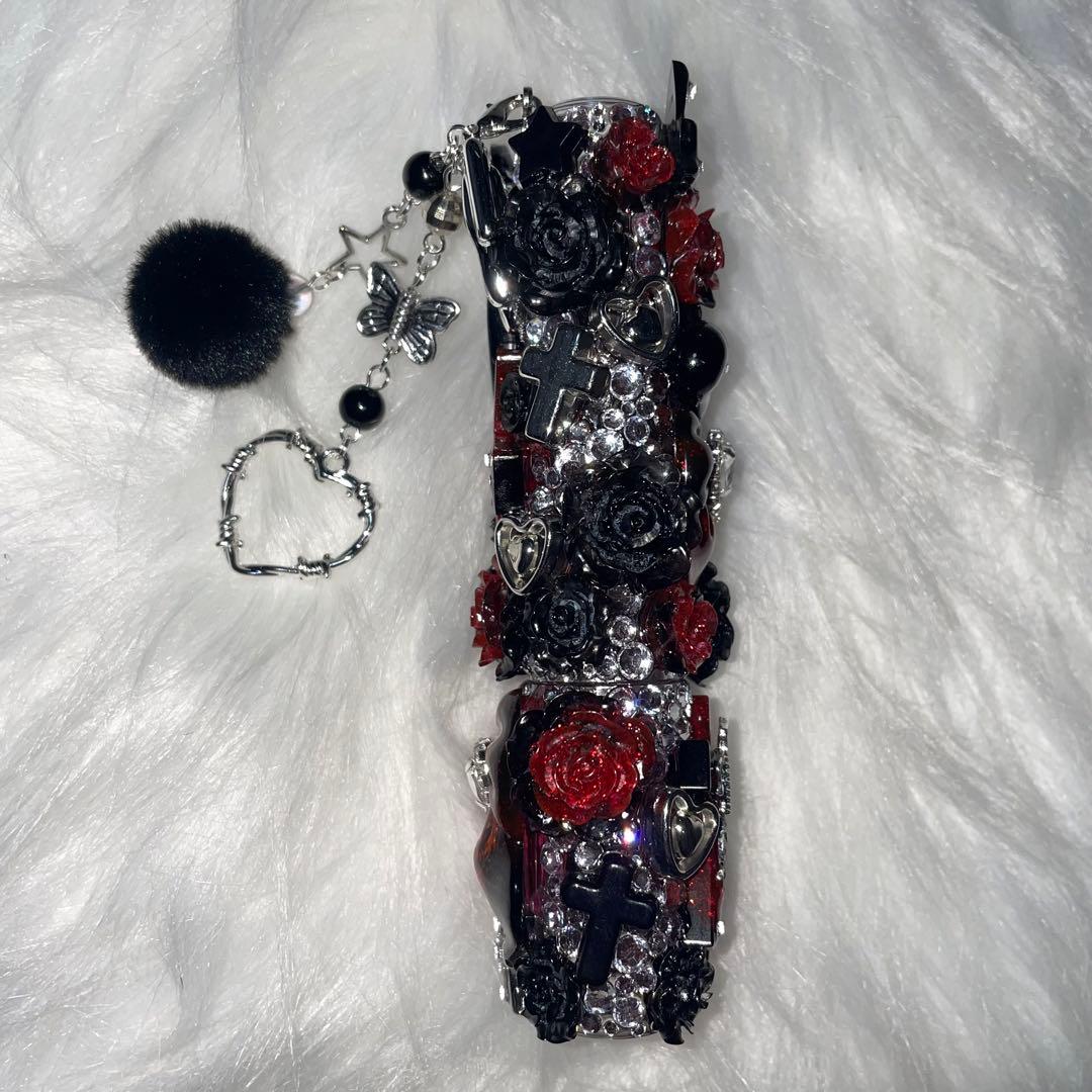 ★ iQOSケース デコ black×red チャーム付き 【98】