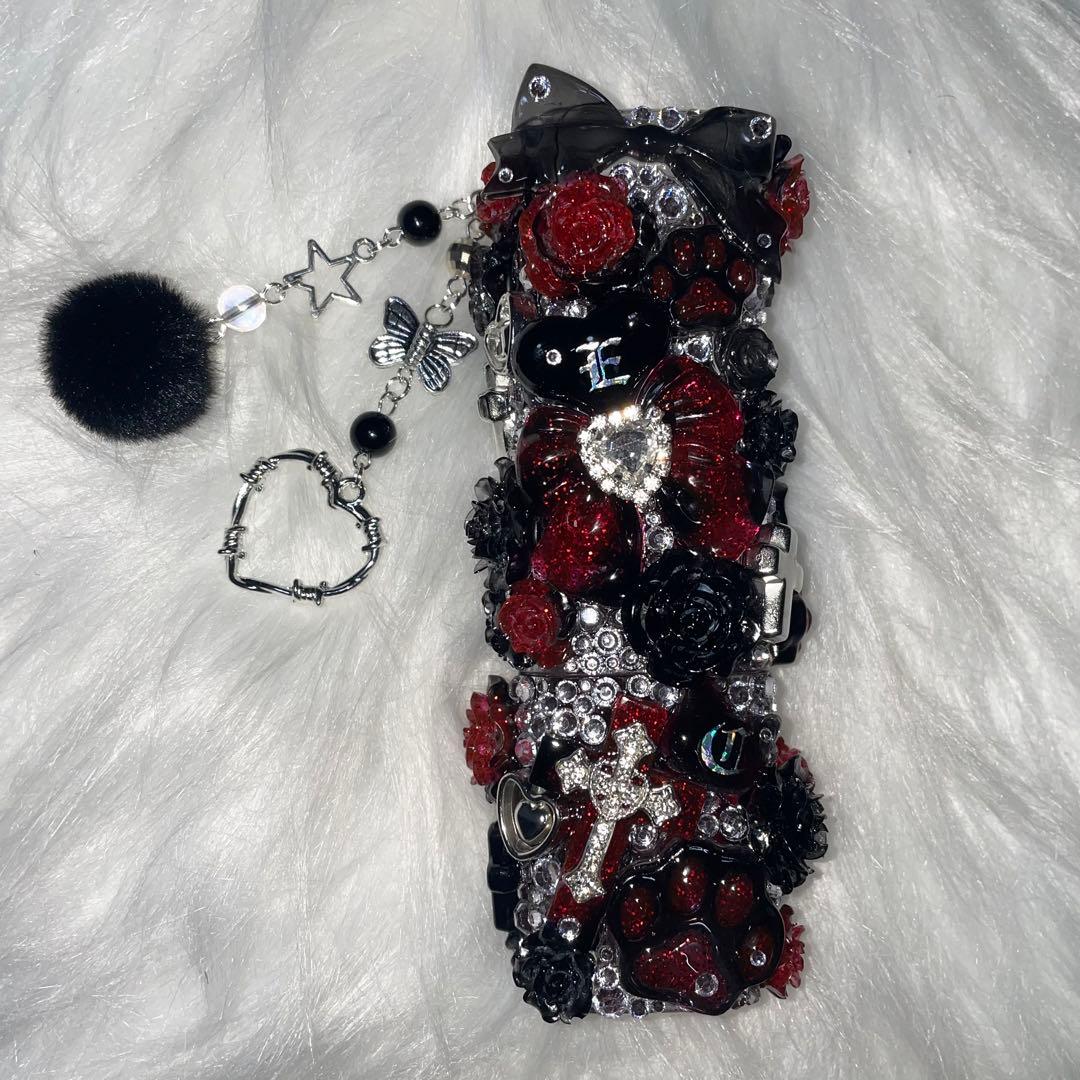★ iQOSケース デコ black×red チャーム付き 【98】