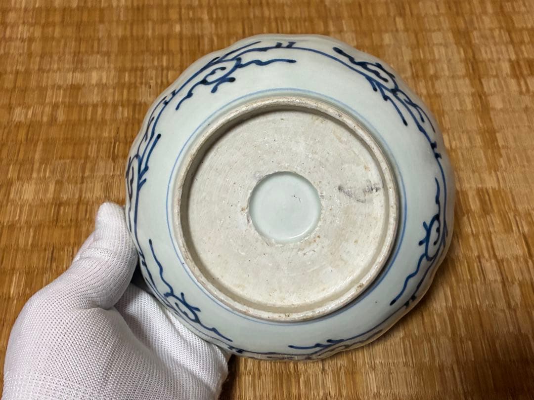 古伊万里 染付 風景 鶴図 波型 中皿 五枚揃い 時代物