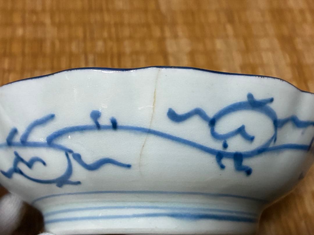 古伊万里 染付 風景 鶴図 波型 中皿 五枚揃い 時代物