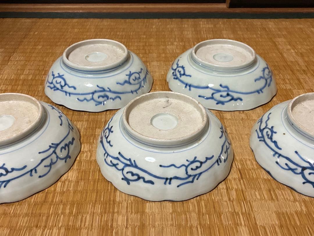 古伊万里 染付 風景 鶴図 波型 中皿 五枚揃い 時代物