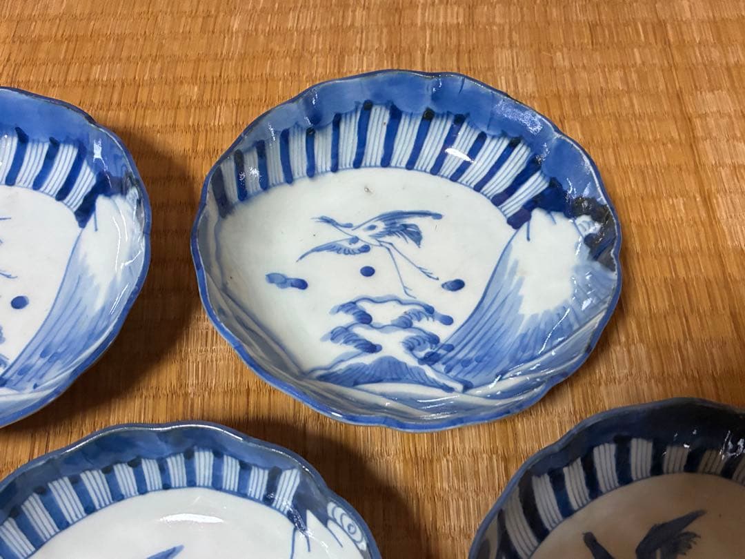 古伊万里 染付 風景 鶴図 波型 中皿 五枚揃い 時代物