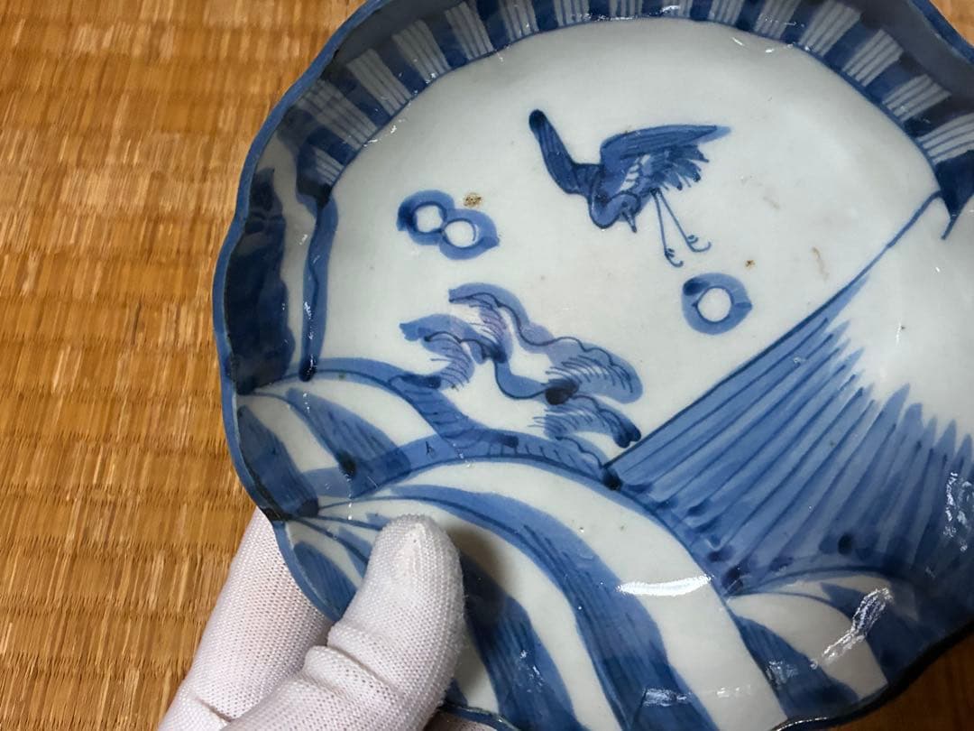 古伊万里 染付 風景 鶴図 波型 中皿 五枚揃い 時代物