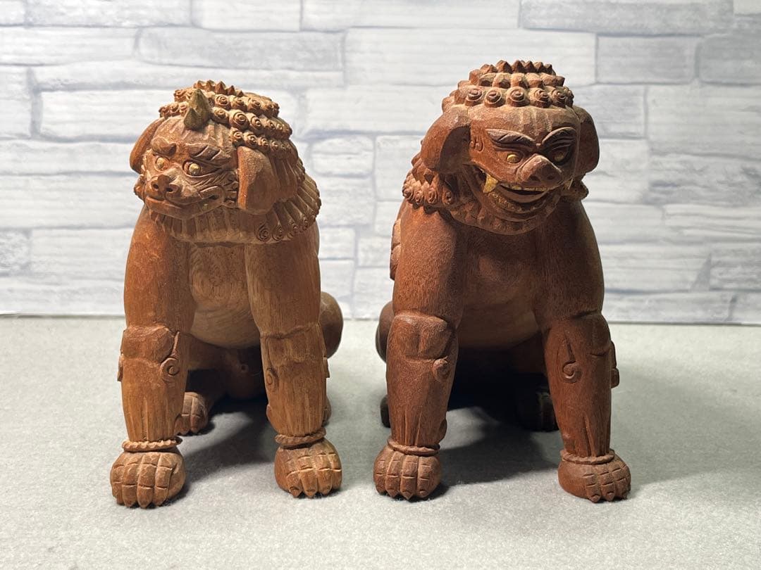 仏教美術　木彫　狛犬　一対