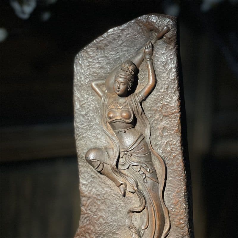 石造 敦煌飛天 浮彫りが琵琶を弾きま仕女 装飾品 禅意 卓上置物工芸品 美術品