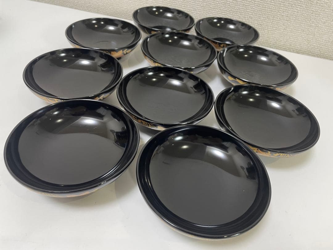 【現状品】漆器 黒塗 会津塗 金彩 花柄 割烹 吸物椀 蓋付き椀 10個セット