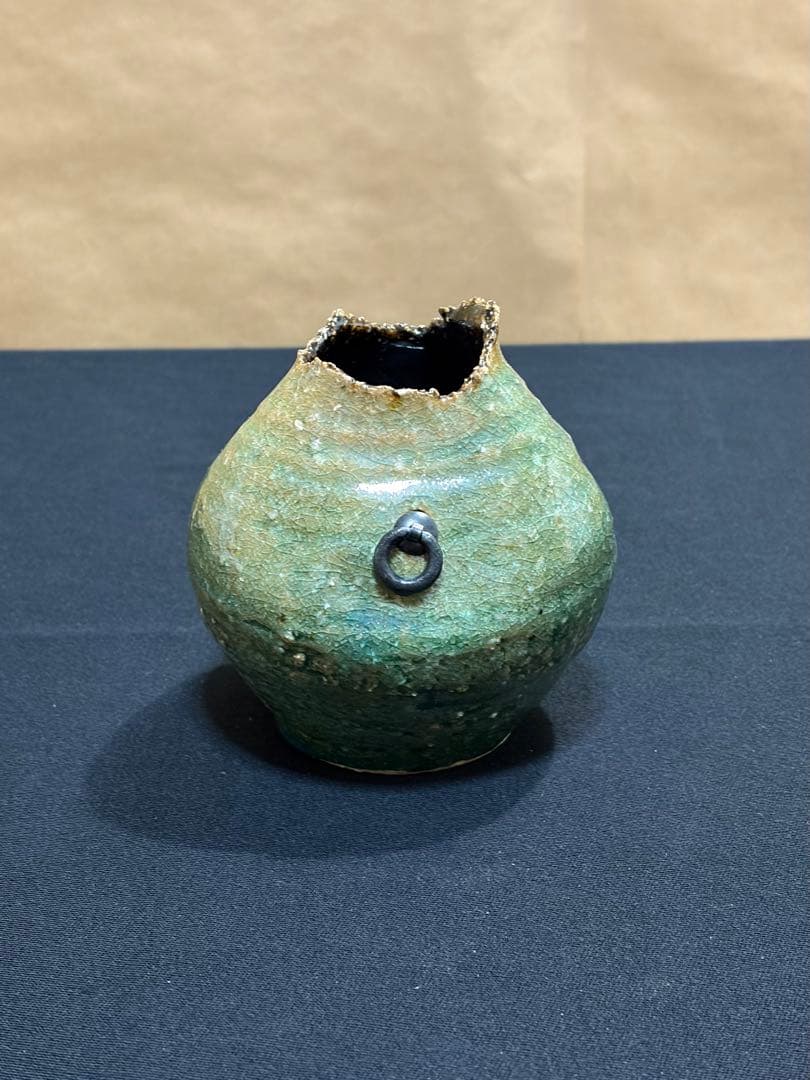益子焼 掛花生 #か 青緑色 木箱付き　陶芸家　作陶家 掛け花生け　#か