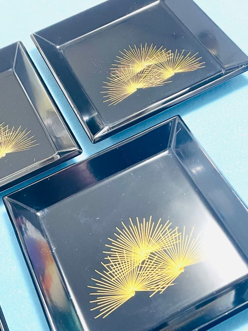 木製銘々皿 5客 木製 黒 48角皿 沈金 若松 漆器