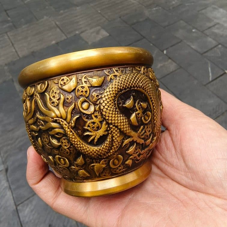 双龍強奪宝 銅壺 聚宝盆 装飾品 現代工芸品美術品 置物