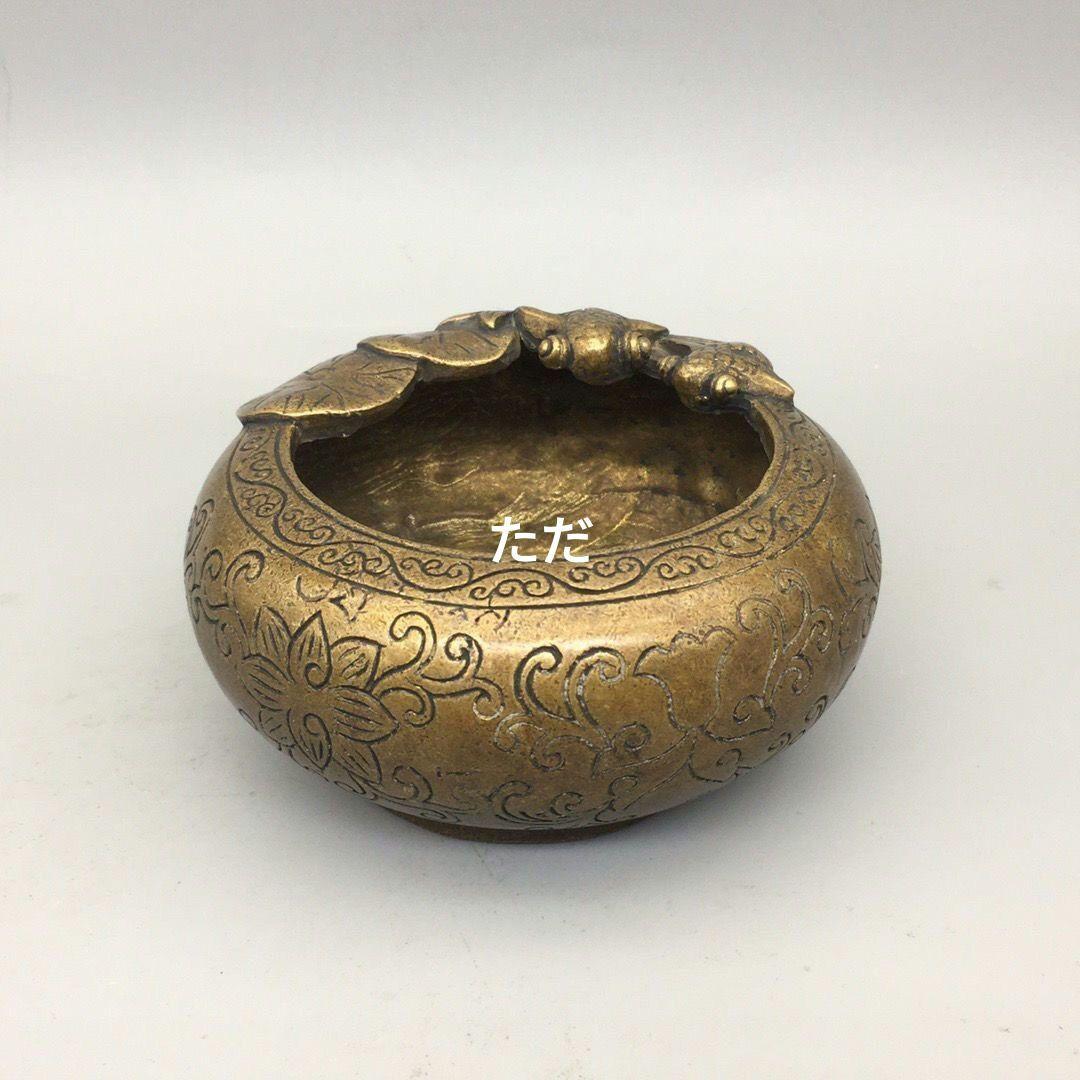 中国美術 双魚蓮花円形筆洗 文房具 金属工芸品 置物