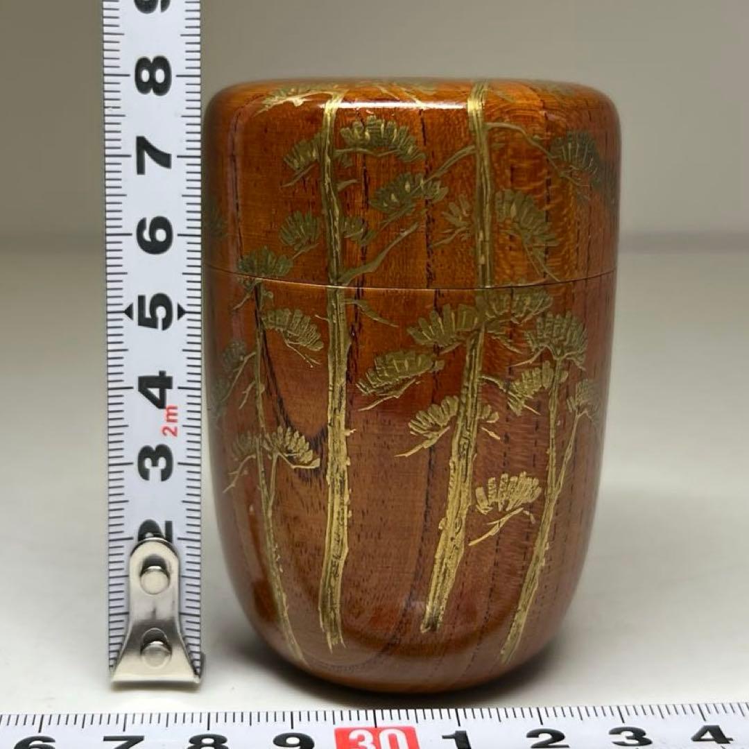 仲林星山作 﨔櫂漆 松蒔絵 長棗 共箱 h7.9cm 東キ8-0329☆2F