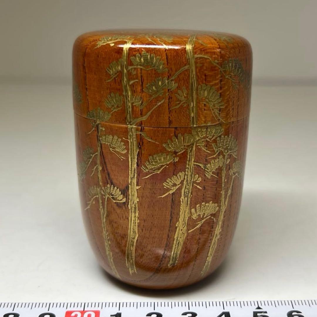 仲林星山作 﨔櫂漆 松蒔絵 長棗 共箱 h7.9cm 東キ8-0329☆2F