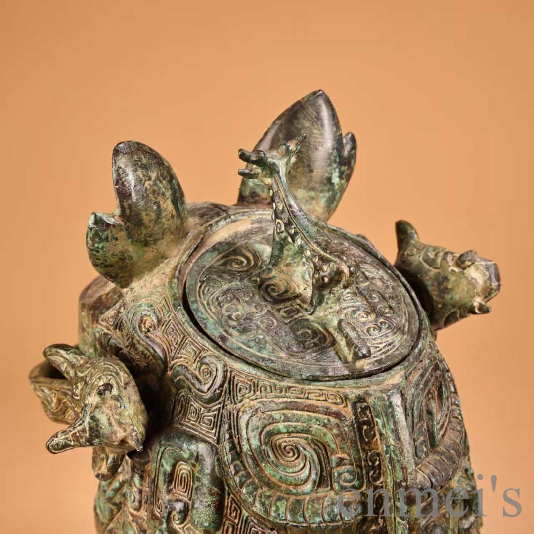 中国古美術 旧蔵『青銅器 提梁抱嬰獸壺』高浮彫 大型銅壺 青銅器 文房置物 賞物