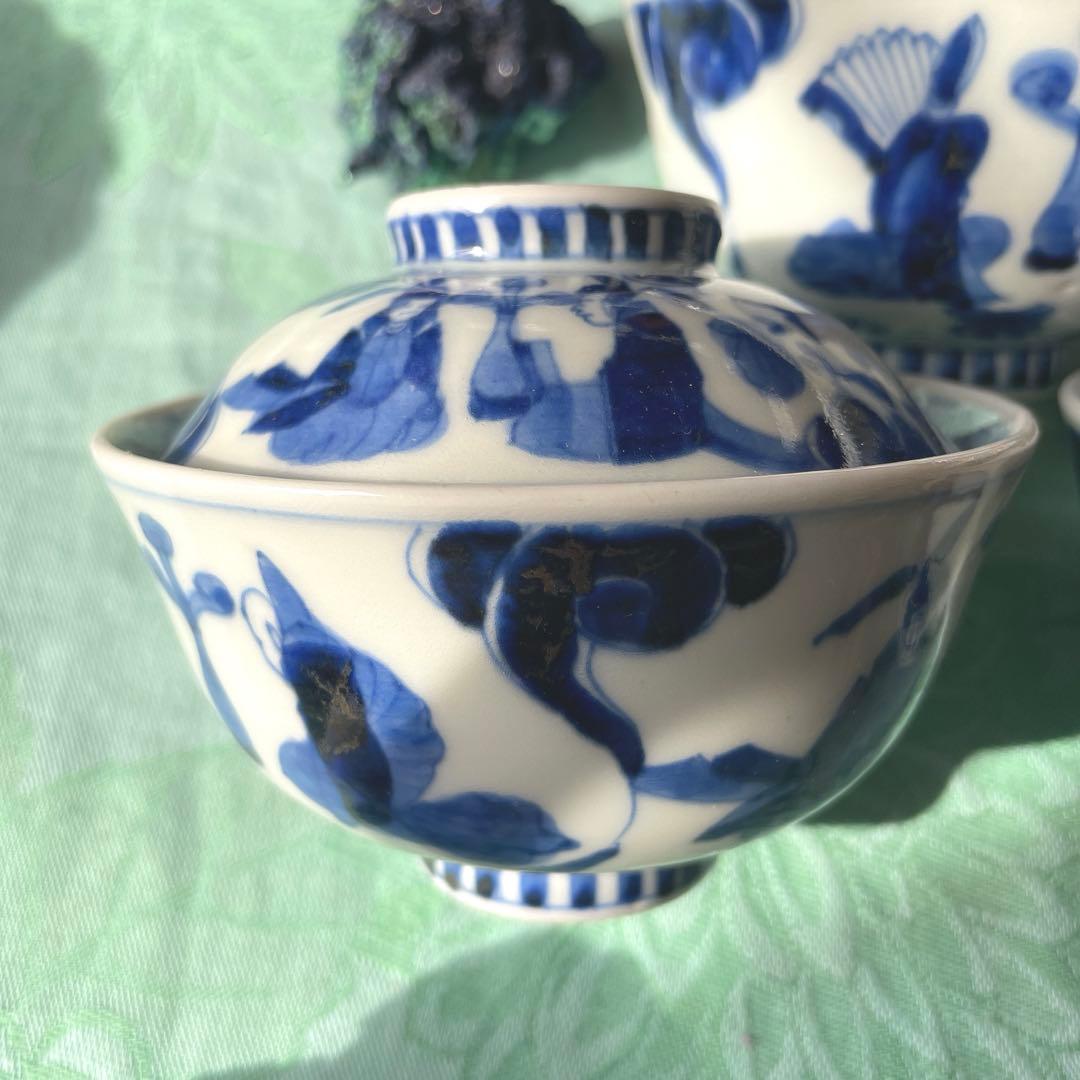 古伊万里　染付　瑞雲　蓋付ご飯茶碗　3客