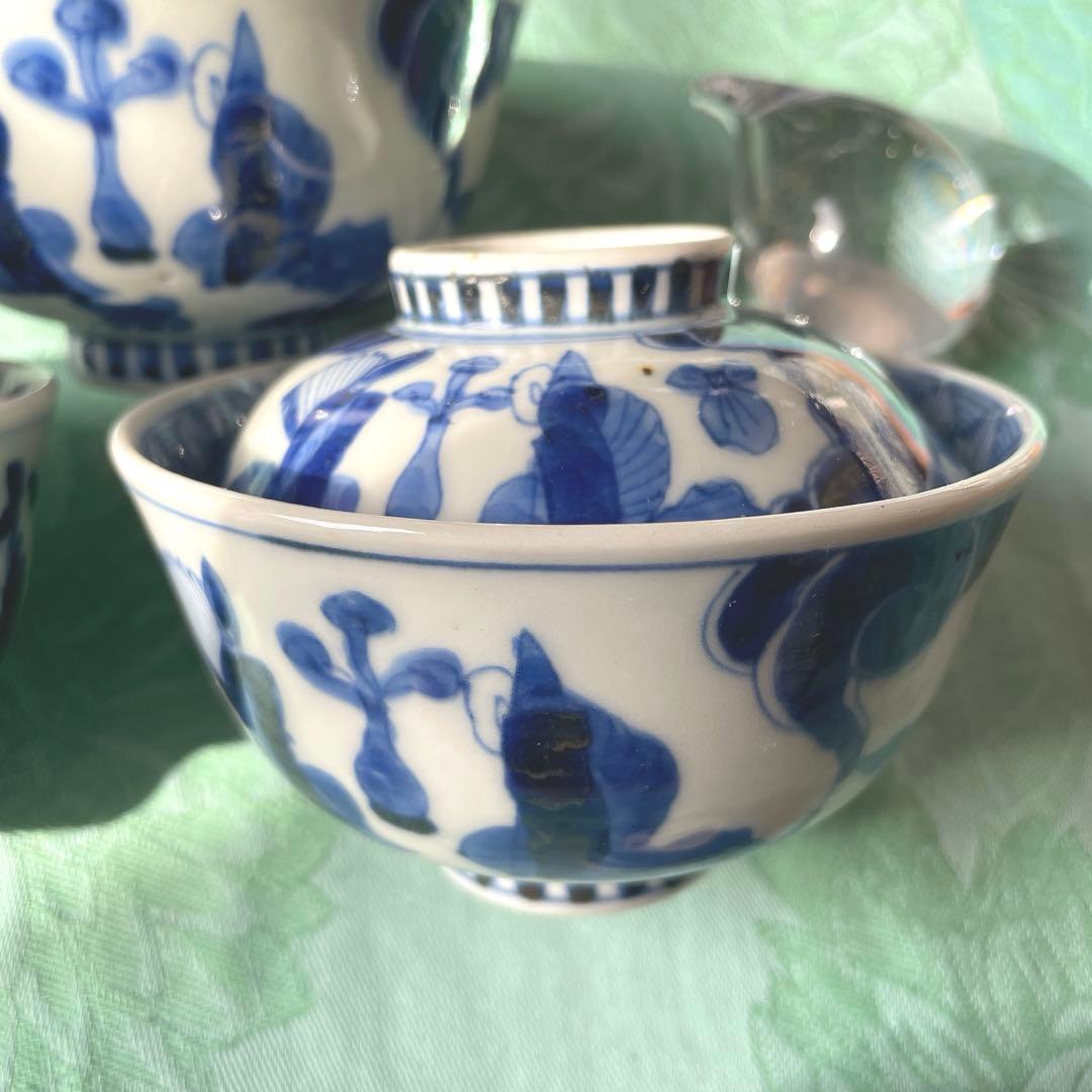 古伊万里　染付　瑞雲　蓋付ご飯茶碗　3客