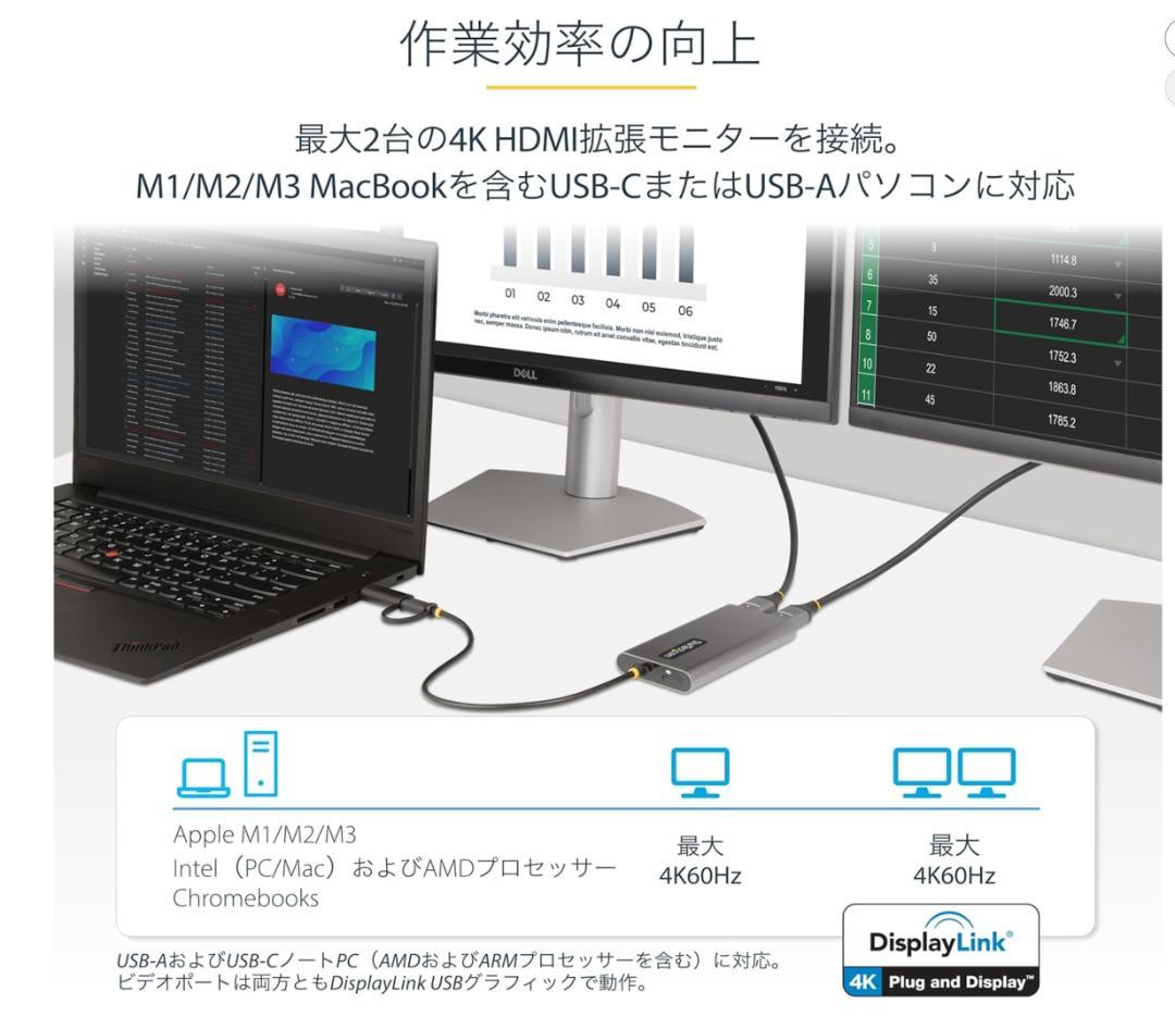 StarTech.com デュアルモニター／4K60Hz HDMI／100W