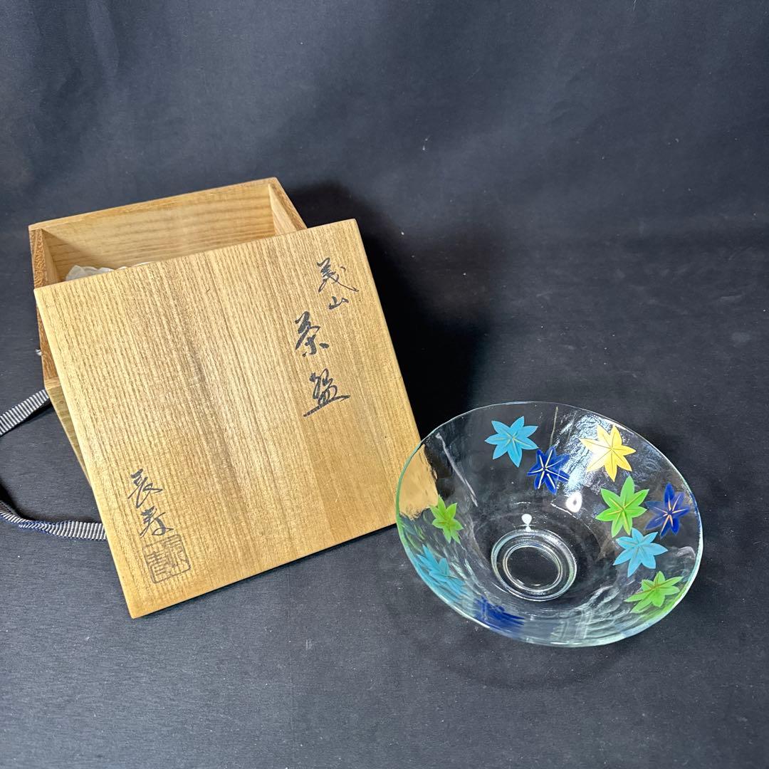 J34 送料無料　義山　茶碗　長寿　抹茶碗　茶道具　茶道　工芸品　木箱　硝子