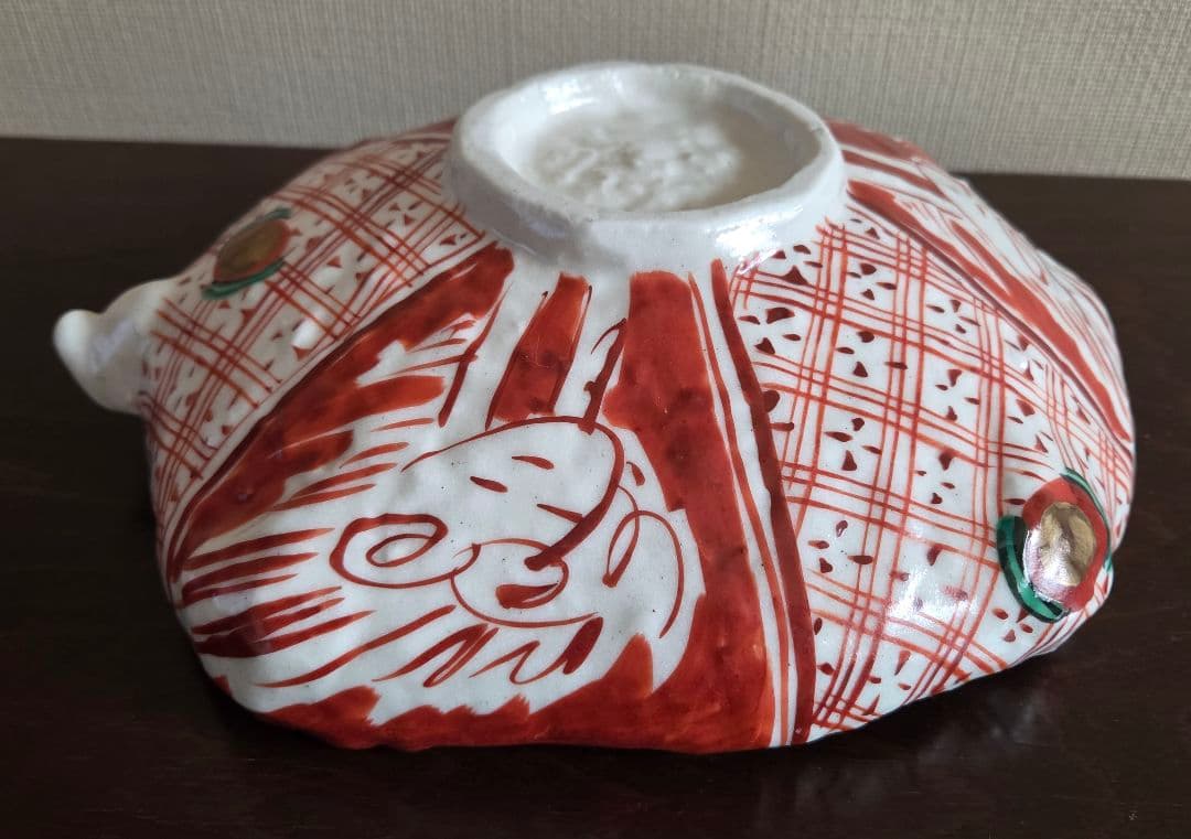 手がき赤絵片口平鉢　大鉢 盛鉢 紙製共箱(蓋なし)
