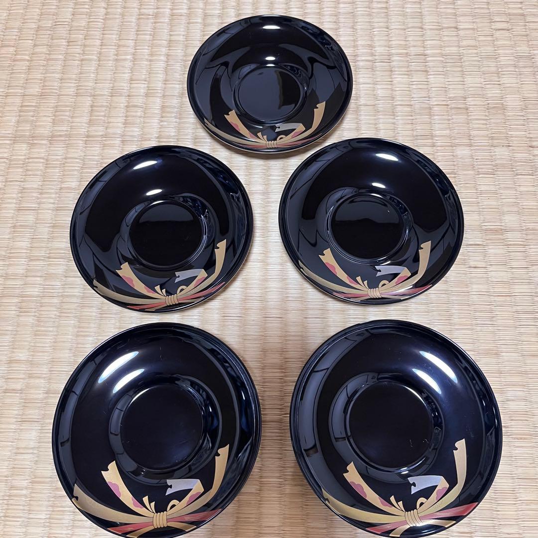 輪島塗 木製 黒塗り 色絵熨斗文様蒔絵 茶托 五客 煎茶道具高平信子作