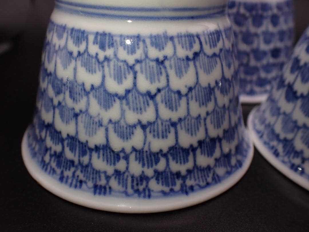 【完品】古伊万里 蓮華鱗 3客セット そば猪口 広東形 骨董品 幕末(青8)