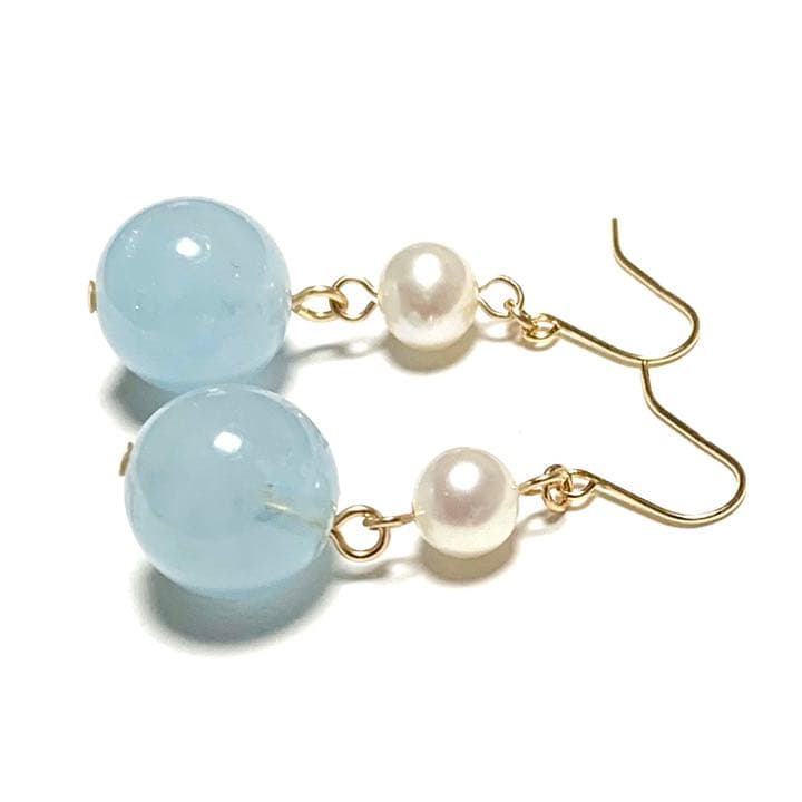 【Rtav】特価 K18アクアマリン 10mm ＆ 淡水真珠 フックピアス