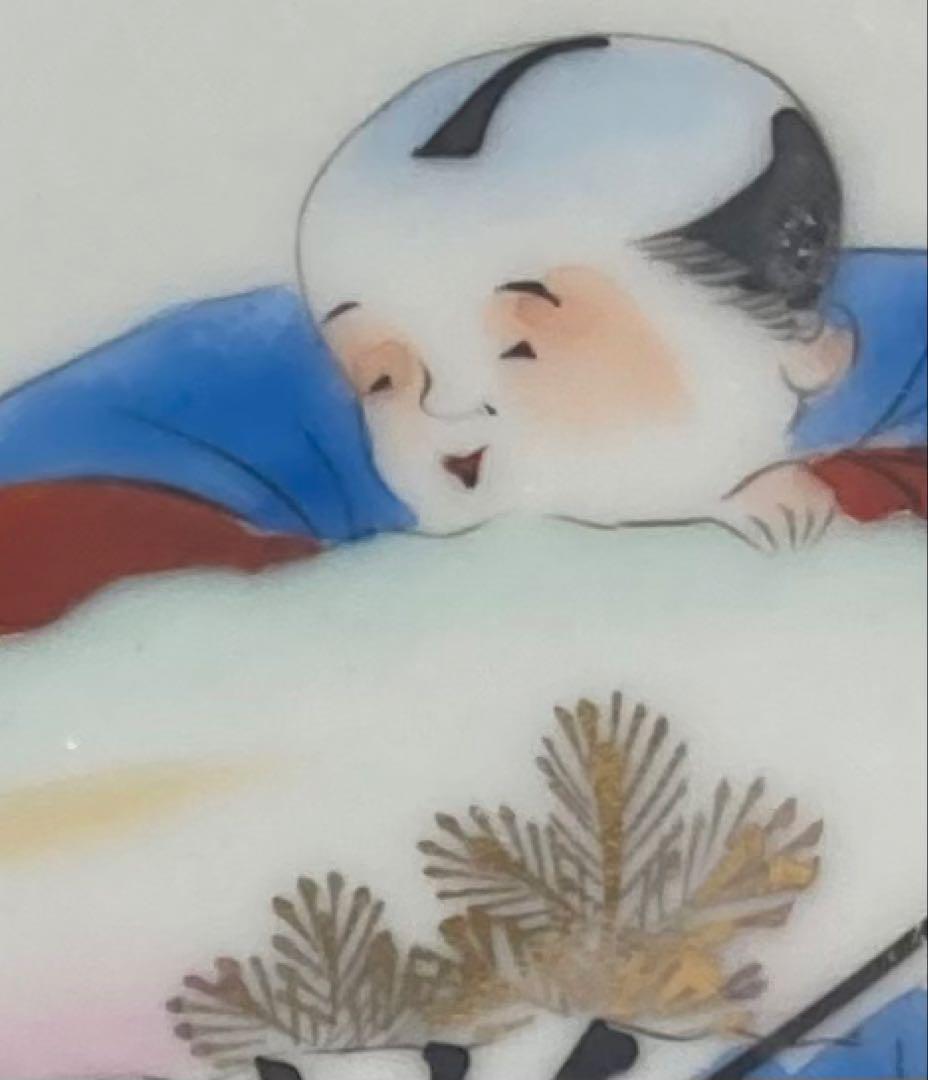 B556b 福助に扇 小皿　2枚組　図変り　縁起物　骨董　手描き