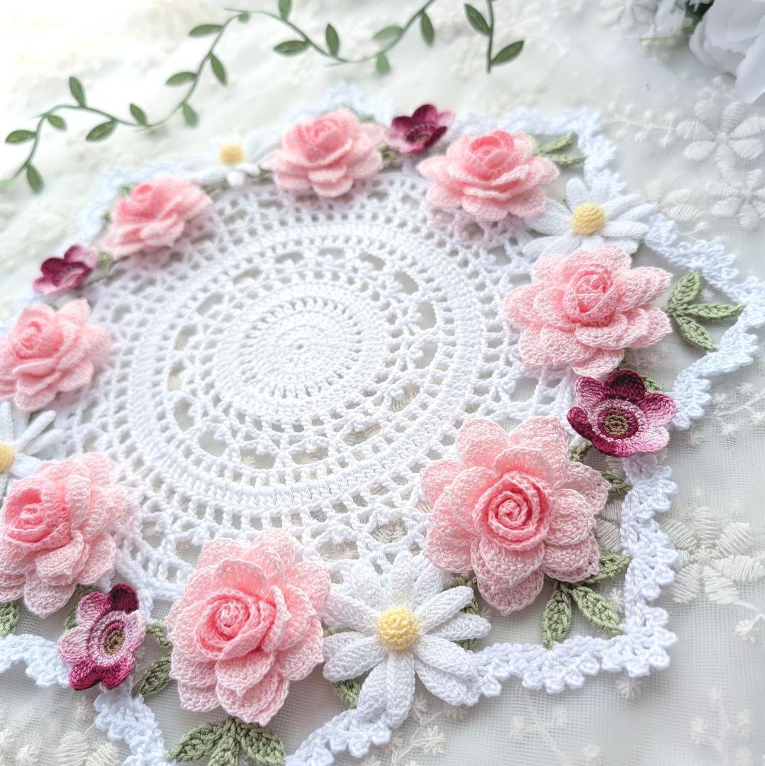 薔薇のお花モチーフ付きドイリー(パステルピンク系)ハンドメイドレース編み