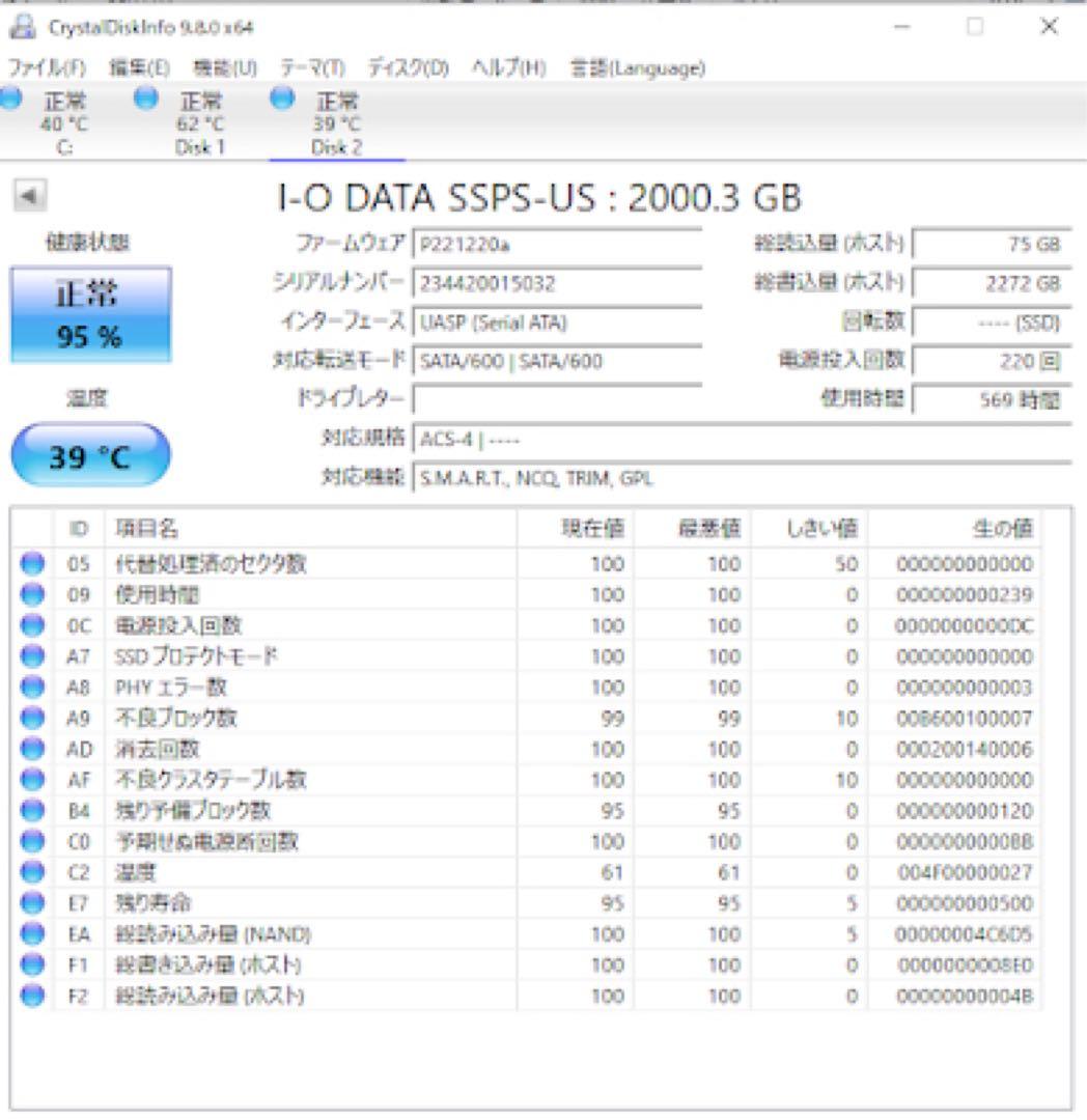 【2TB】I-O DATA ポータブルSSD（SSPH-UA2N）動作良好