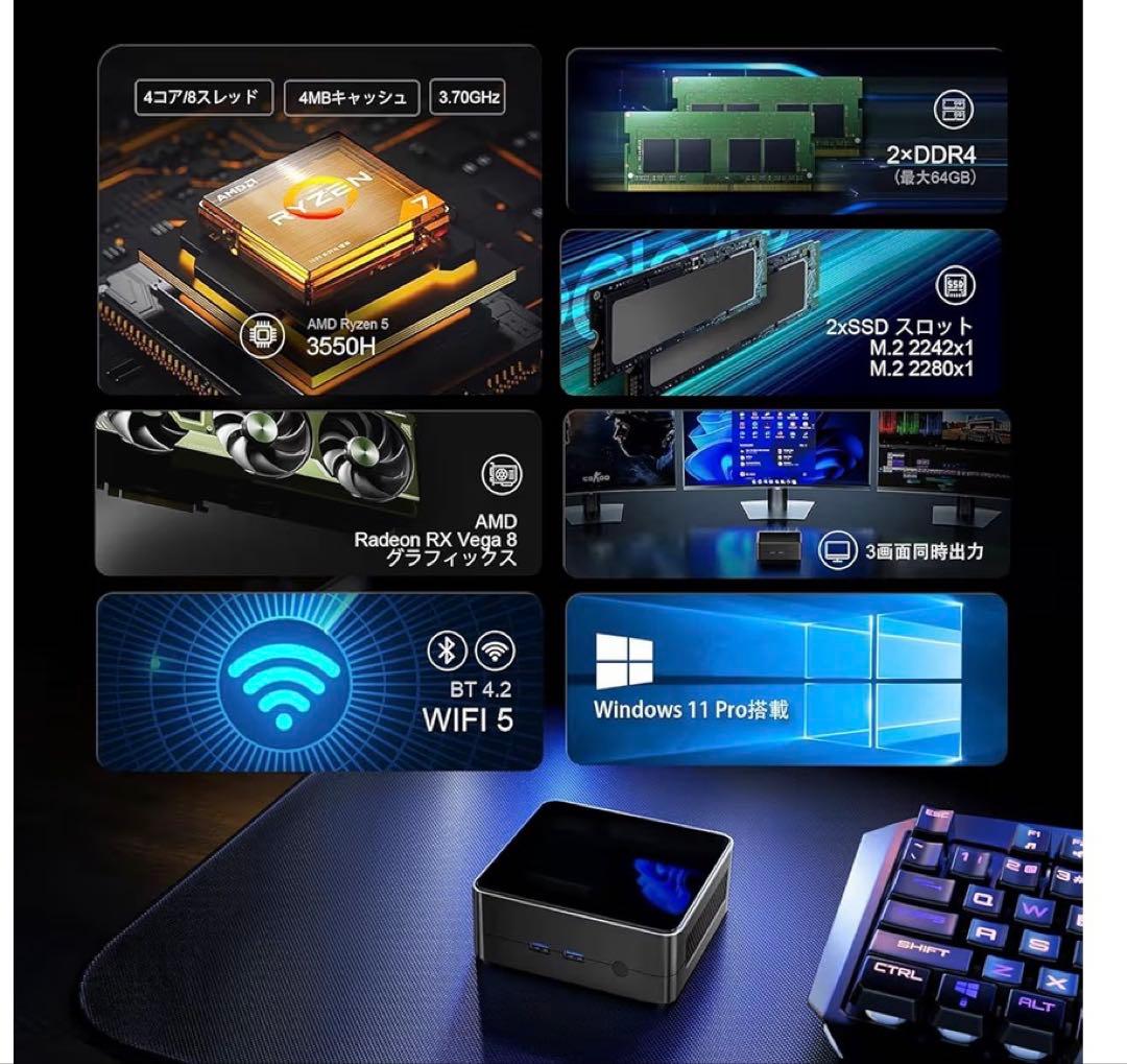 ミニPC Ryzen5 3550H 16GB 512GB 3画面 4K対応