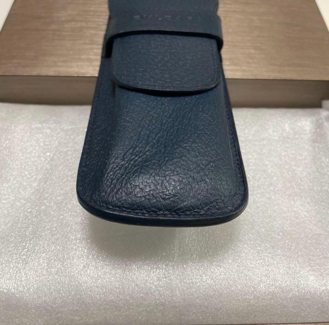 BVLGARI ブルガリ ペンケース 3本差し 筆箱 本革 レザー ネイビー