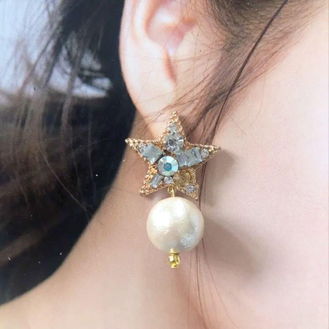 国産キスカ大玉コットンパールのお星様ビジューピアス／イヤリング