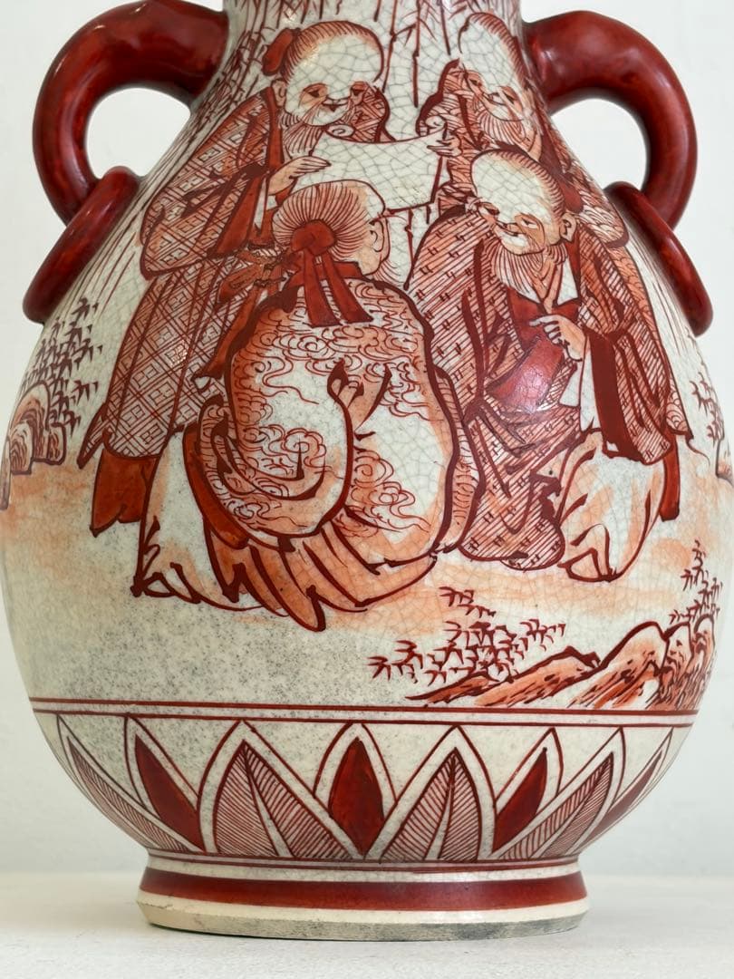 湖東焼　耳付き花器　赤絵賢人図柄　高さ約25cm 飾り壺　壺