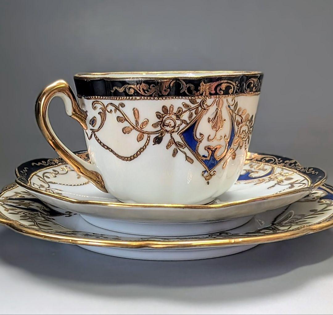 美品 オールドノリタケ マルキ印 コバルト金盛 トリオセット カップ＆ソーサー