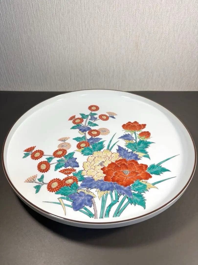 【人間国宝】 14代酒井田柿右衛門 濁手 牡丹菊文 皿27.8cm 本人作 美品