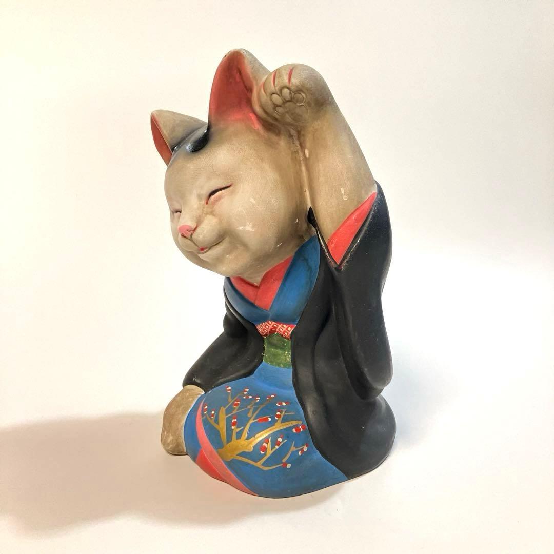 骨董　招き猫　芸者招き　芸者猫　猫の芸術家　河村目呂二　陶人形　昭和レトロ　民芸