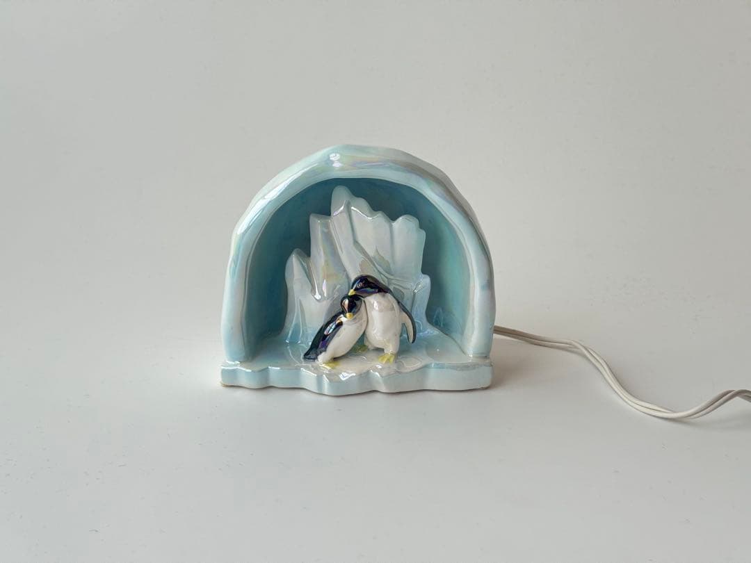 昭和レトロ デッドストック ペンギン 氷山 ブルーライト 陶器 照明 箱付き