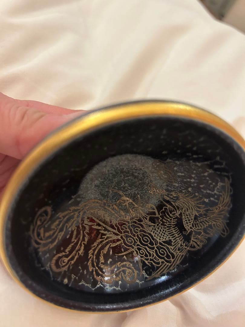 銘有　中国古美術　蒔絵の棗　天目茶碗　龍顔に鳳凰の体　呑み口金塗り 箱付き　建盞