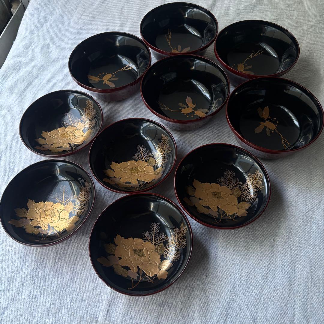 時代　溜塗漆に豪華絢爛、美しい牡丹蒔絵お椀5点　（検輪島塗蒔絵椀雑煮椀