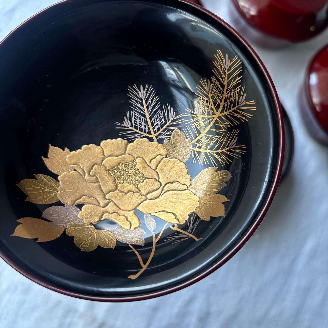 時代　溜塗漆に豪華絢爛、美しい牡丹蒔絵お椀5点　（検輪島塗蒔絵椀雑煮椀