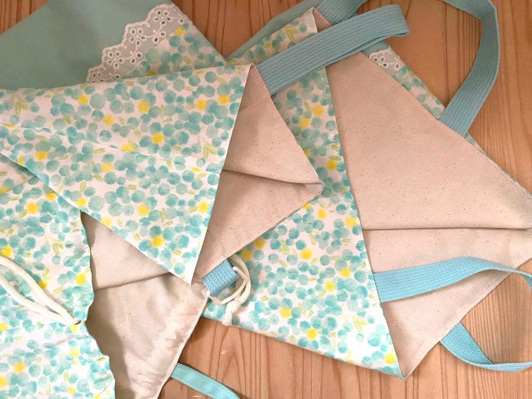 ハンドメイド　入園入学準備６点セット　レッスンバッグ　ミモザ　グリーン　イエロー