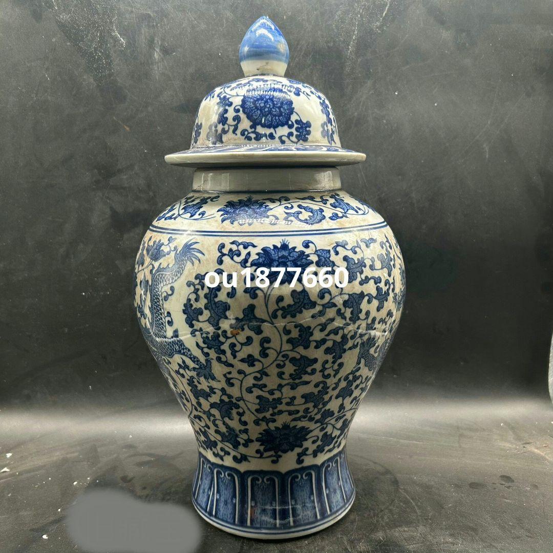 青花海水纏枝蓮双龍紋将軍壺 景徳鎮 陶磁器 装飾品 現代工芸品 美術品 置物