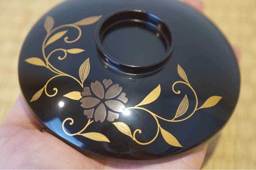 桜花唐草蒔絵 部分梨地 黒漆 吸物椀 2客/ 輪島塗 木製漆器 茶懐石