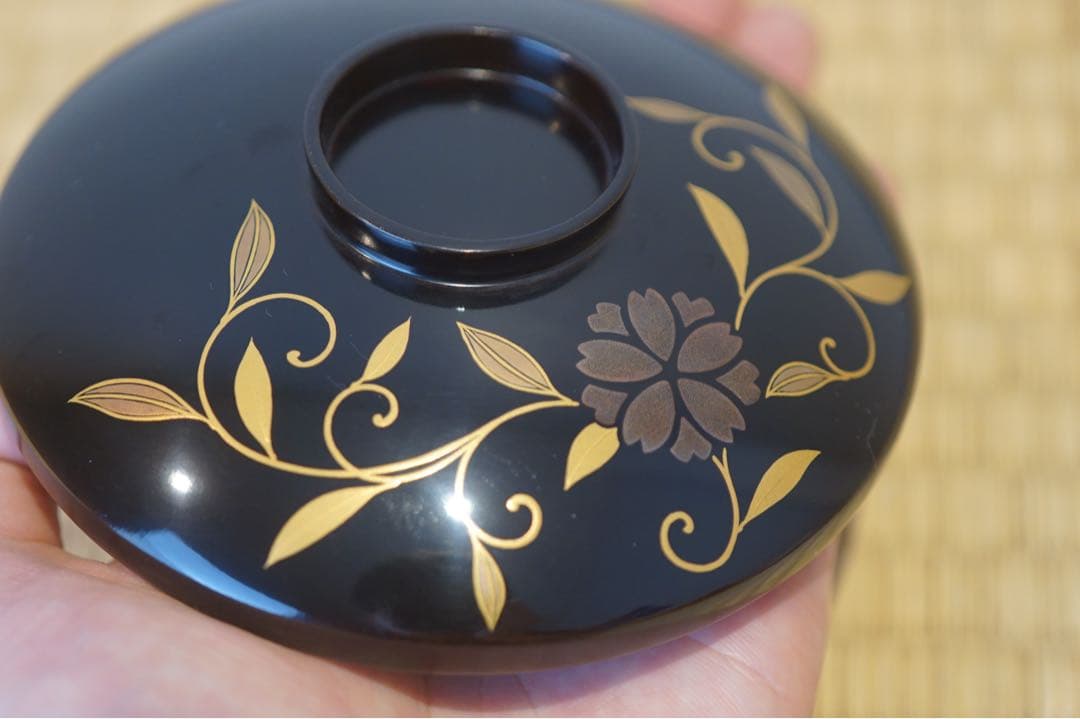 桜花唐草蒔絵 部分梨地 黒漆 吸物椀 2客/ 輪島塗 木製漆器 茶懐石