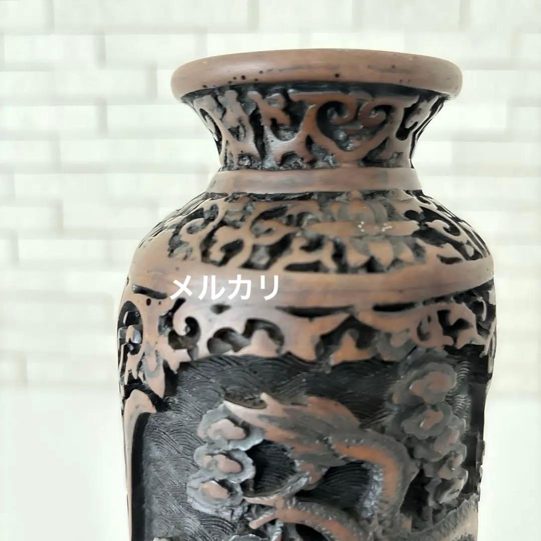 龍　花瓶　黒色花瓶　ドラゴン彫刻　一輪挿し　アンティーク　縁起物骨董品