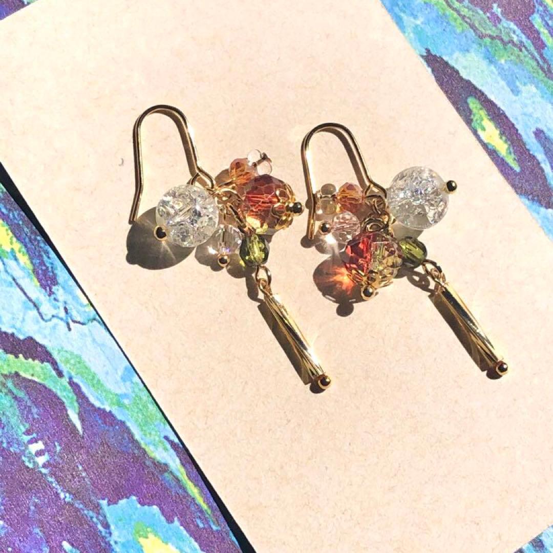 【695】ガラスビーズ チェコビーズ ハンドメイド ピアス ゴールド イヤリング