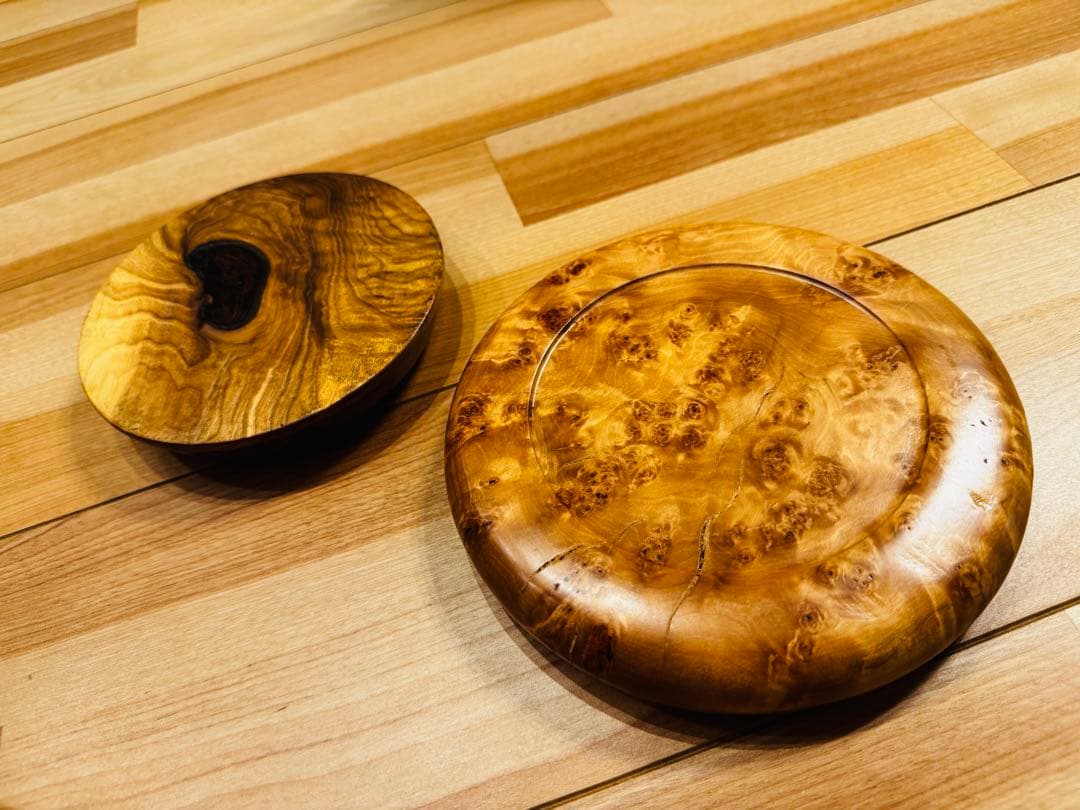 希少 北海道工芸品 瘤杢 木製蓋付き鉢 台座付き 昭和レトロ No.51'