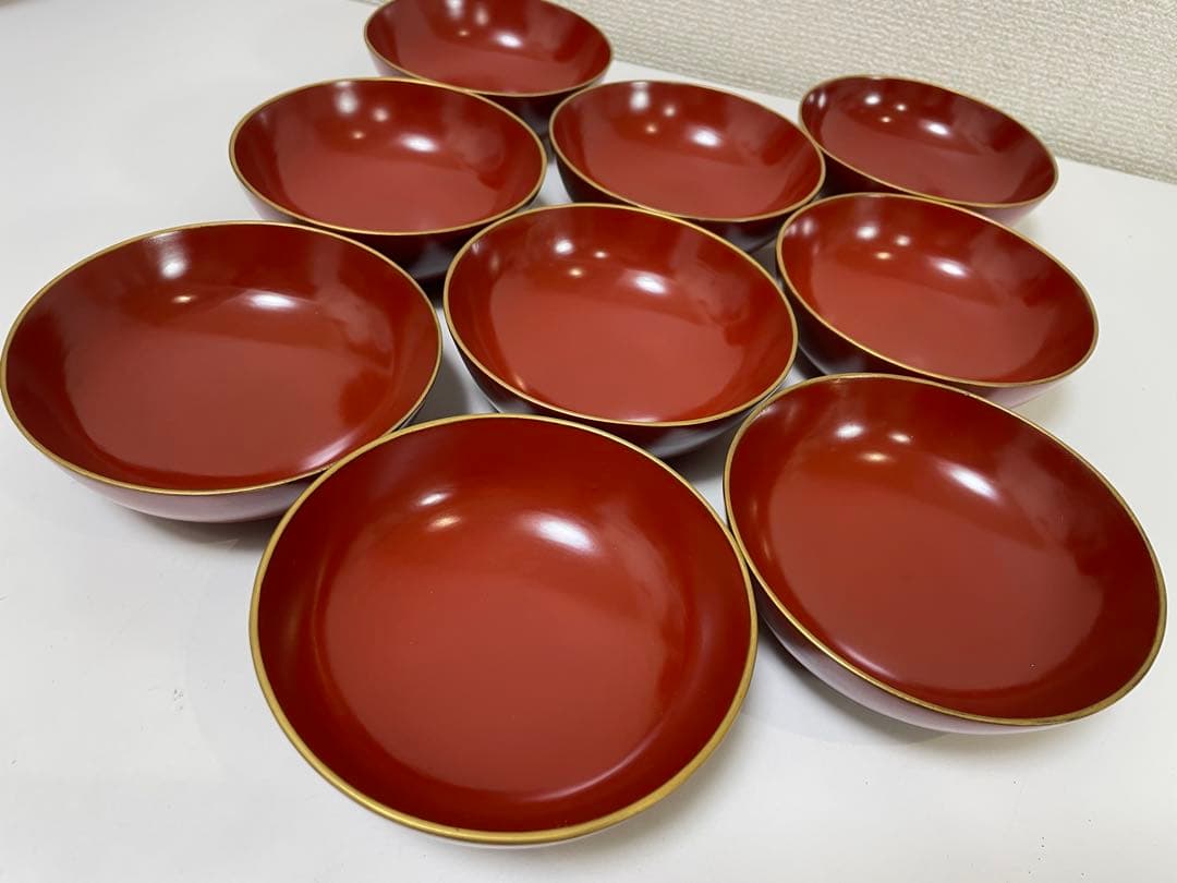 【現状品】漆器 輪島塗 金彩 朱塗 底黒塗 蓋付き椀 割烹 煮物椀 9個 ②